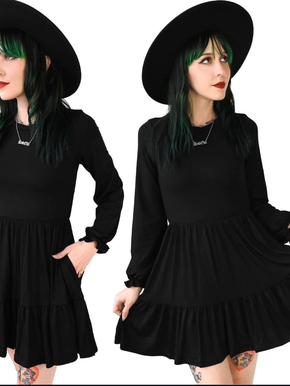 Foxblood Sabrina Stretch Modal Black Long-Sleeve Tiered Mini Dress